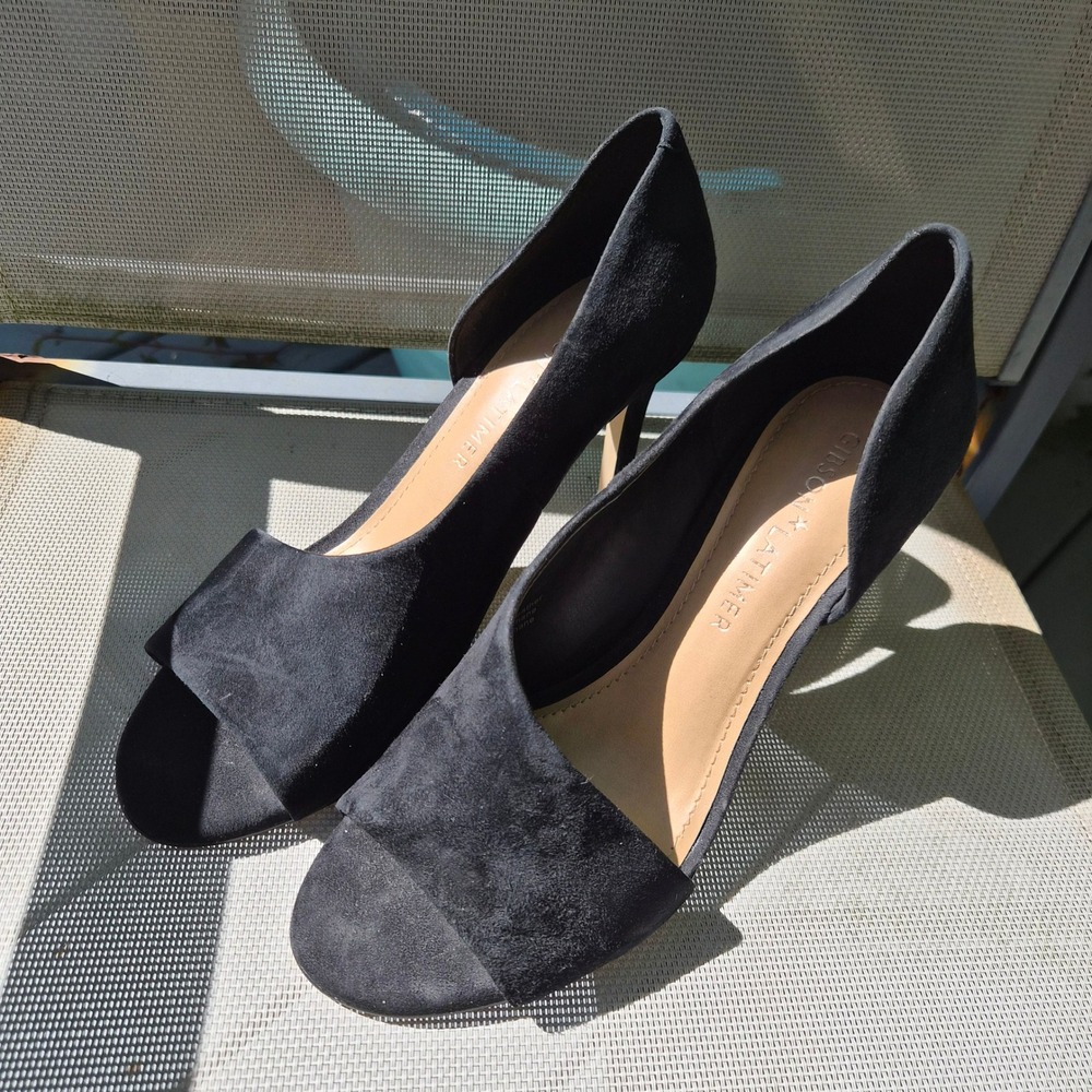 Gibson + Latimer Viollette Black Suede Peep Toe Asymmetrical Pump Heel Elegant M